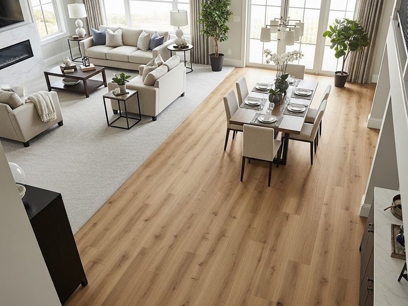 Carpet living room and dining area with waterproof wood floors