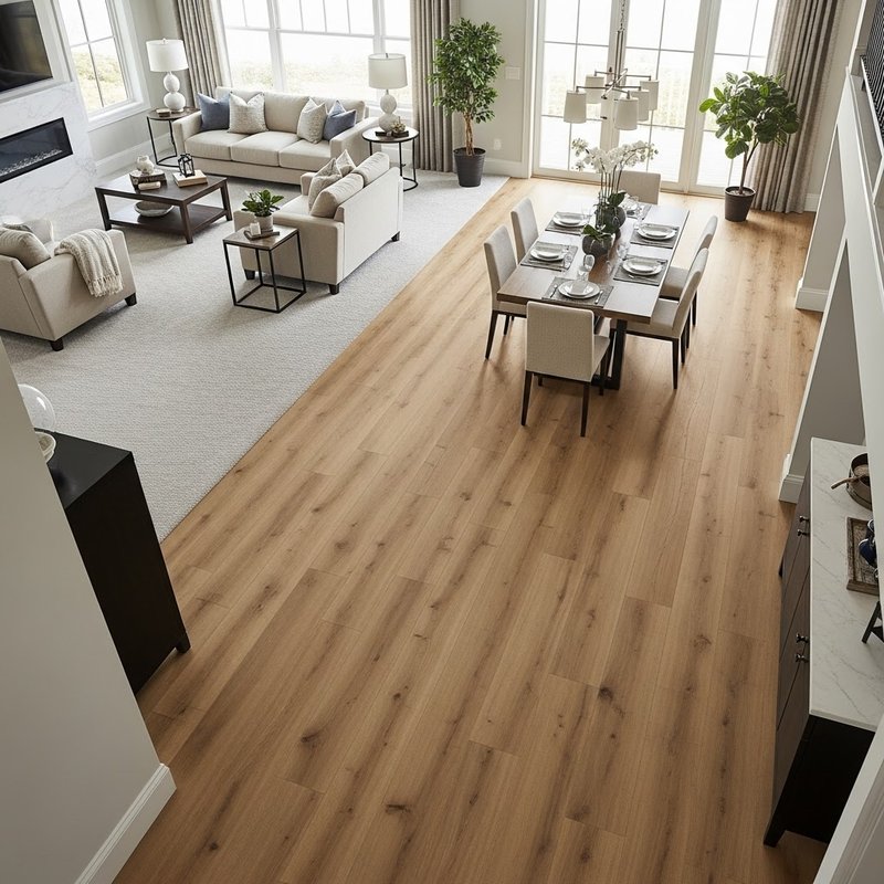 Carpet living room and dining area with waterproof wood floors