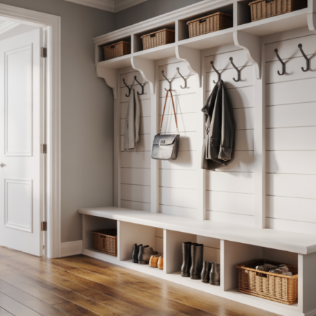 Durable Hardwood Flooring in a tidy mudroom